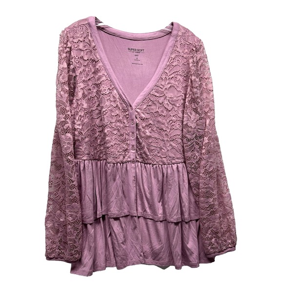 torrid Tops - Torrid Women's 2X Pink Babydoll Lace Supersoft Mix Tier Button Up Long Sleeve(I3